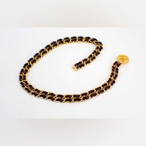 Chanel Double Chain Waist Belt Necklace 90s Era 24K Gold Plated Leather Vintage